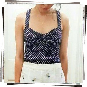 NWOT: Retro Blue & Cream Polka Dot Tank w/ Fabric Knot at Front (S)